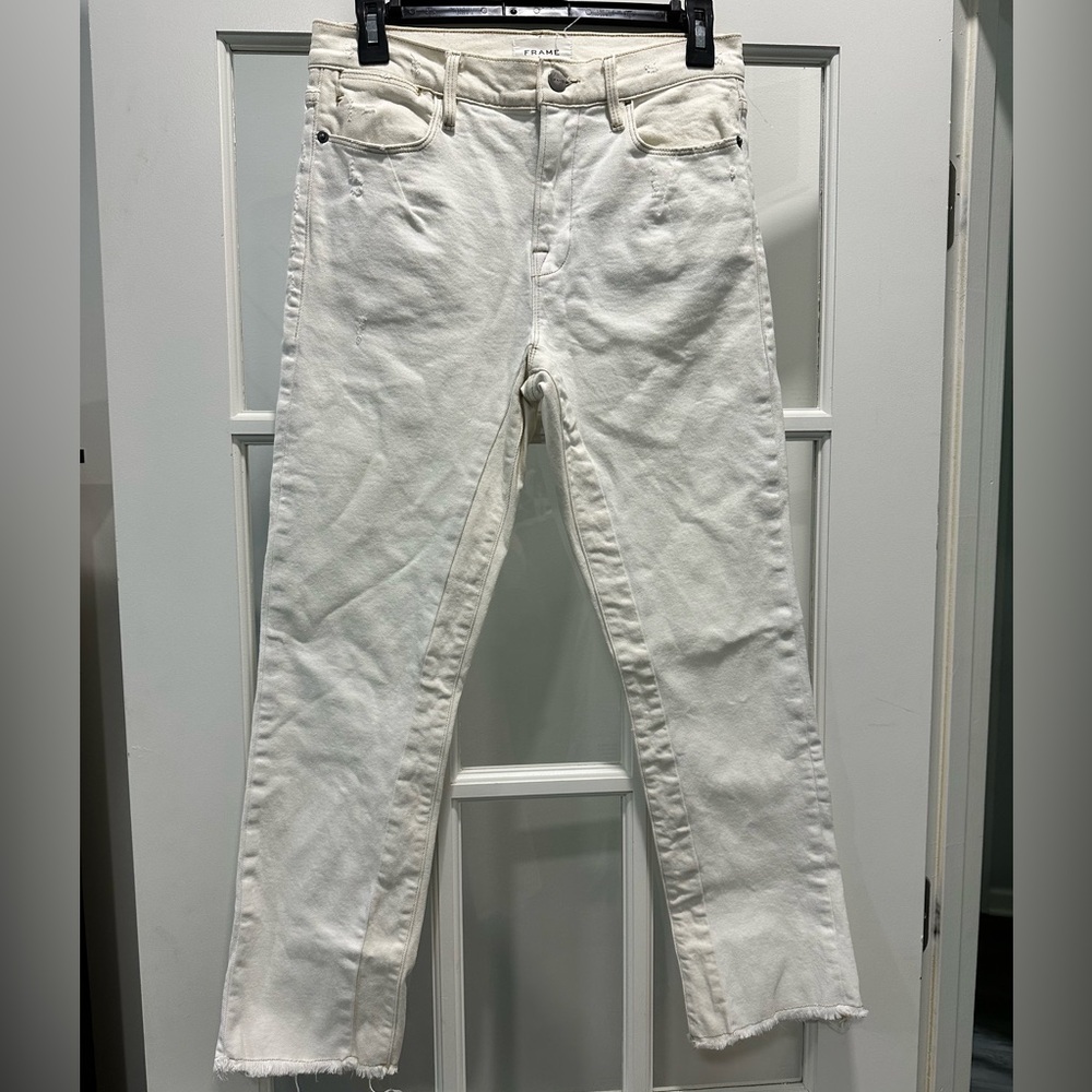 Frame Le High High-Rise Straight-Leg Jeans - Dual Color Cream/White - Size 27 - Picture 1 of 11